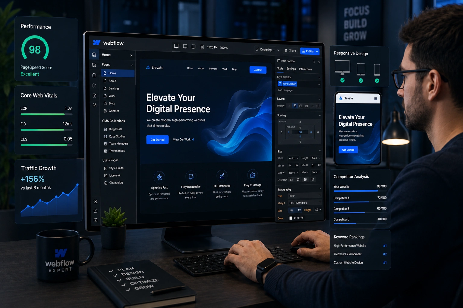 Professional Webflow expert optimizing a high-performance website for better competitiveness