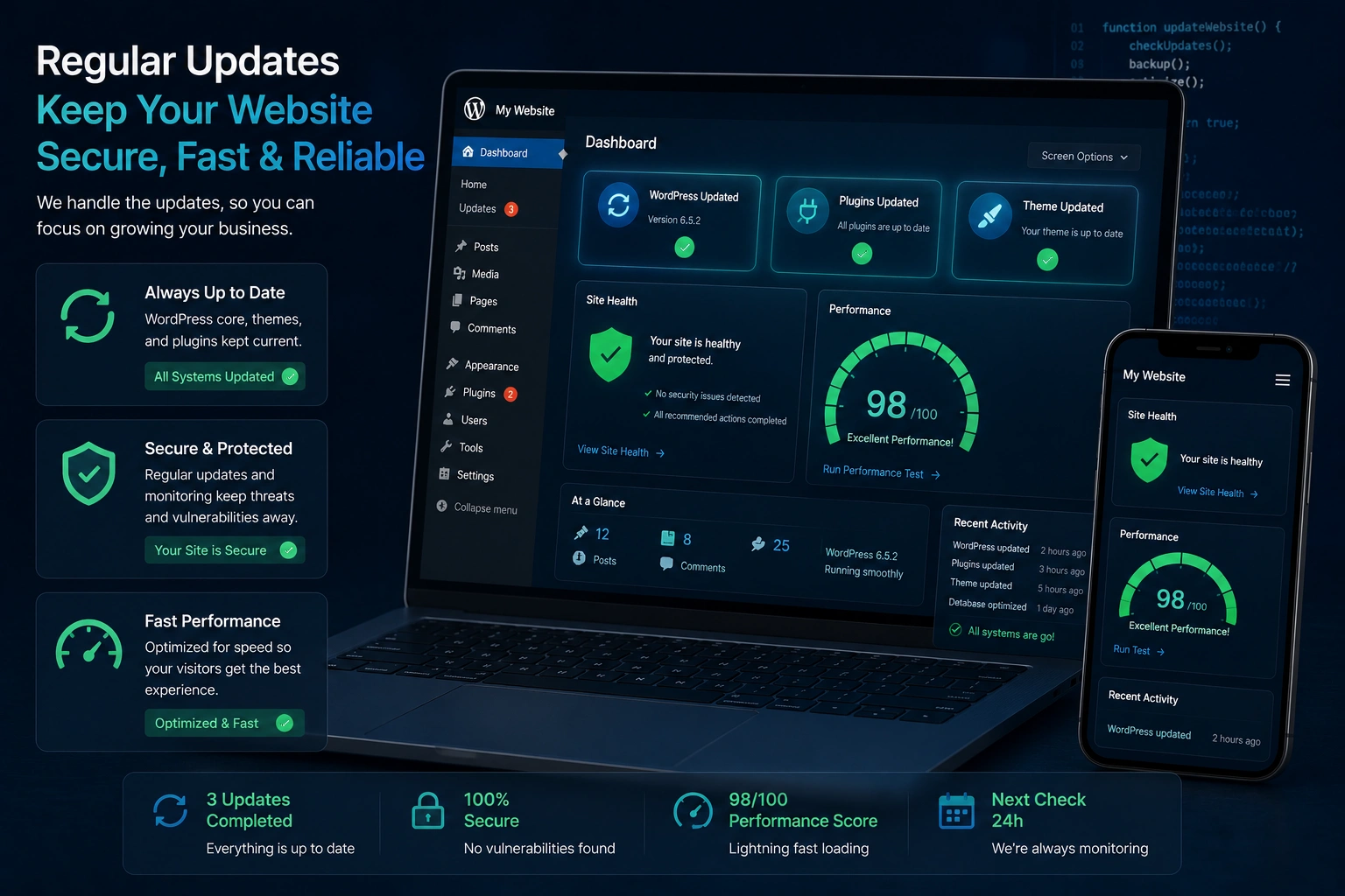 Regular updates for your WordPress website dashboard showing security and performance improvements