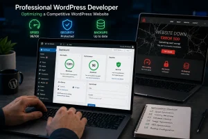Professional WordPress developer optimizing a competitive wordpress website on laptop
