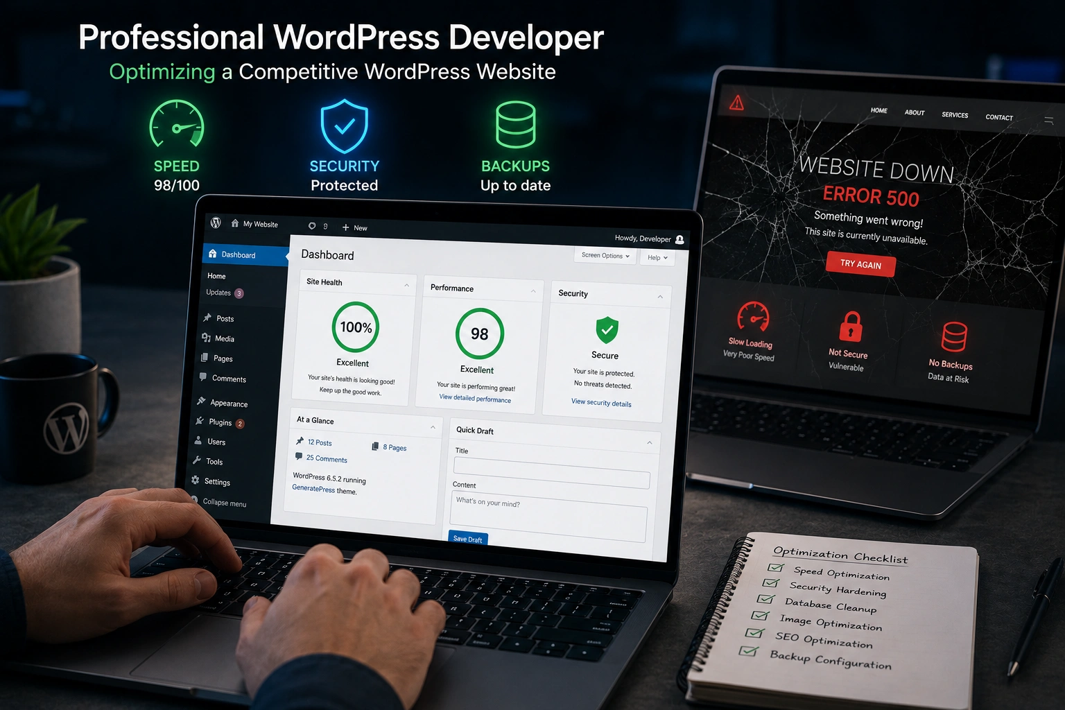 Professional WordPress developer optimizing a competitive wordpress website on laptop