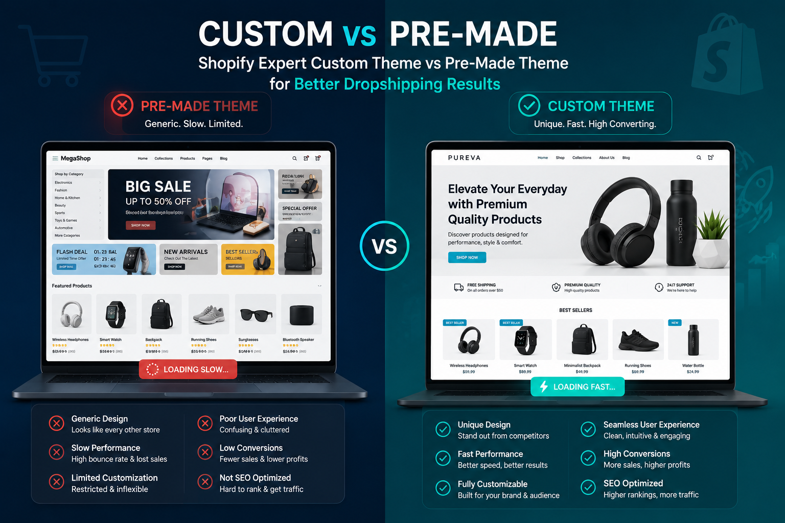 Shopify Expert custom theme vs pre-made theme comparison for better dropshipping results