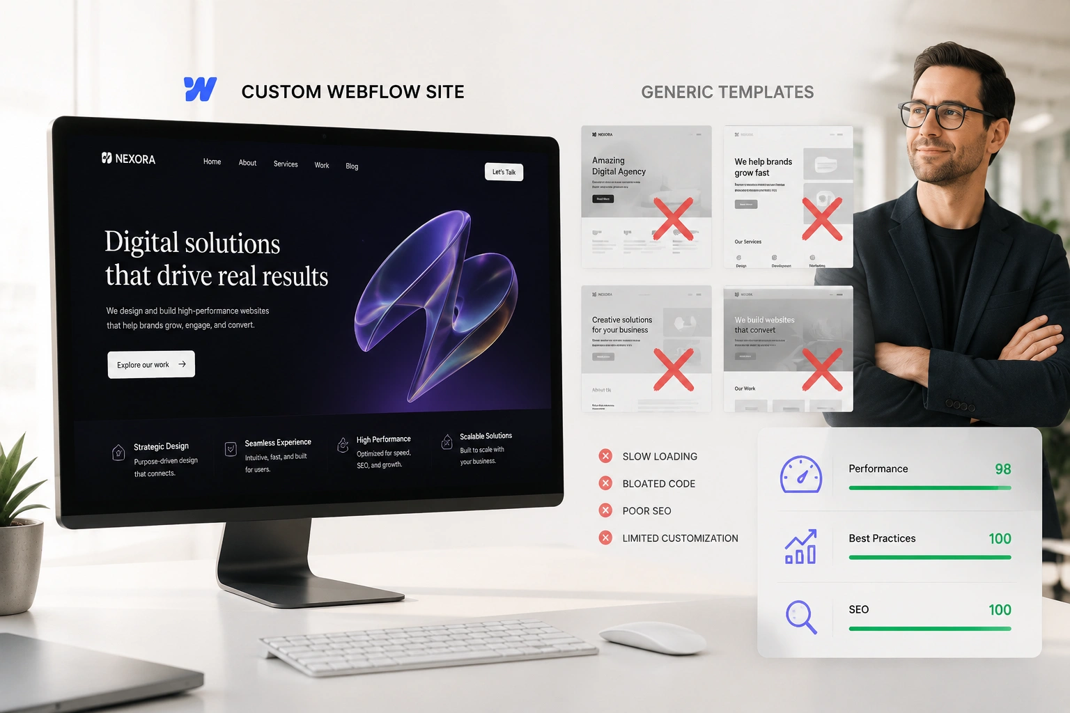 Webflow expert building a custom Webflow site versus generic templates