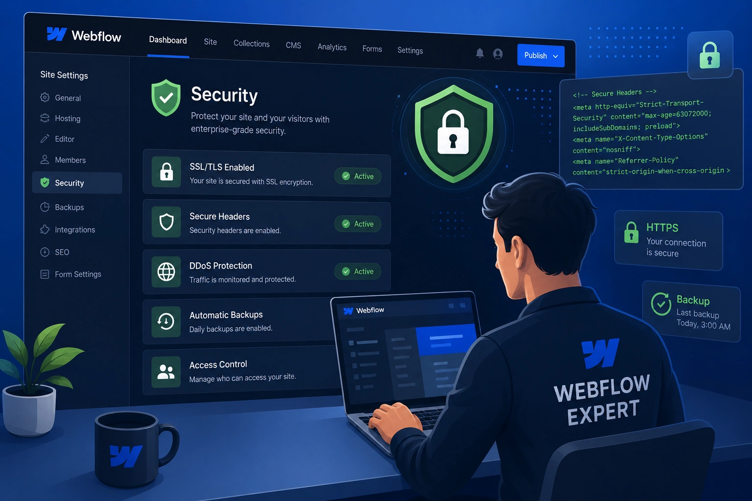 Webflow Expert implementing site security features on a professional website