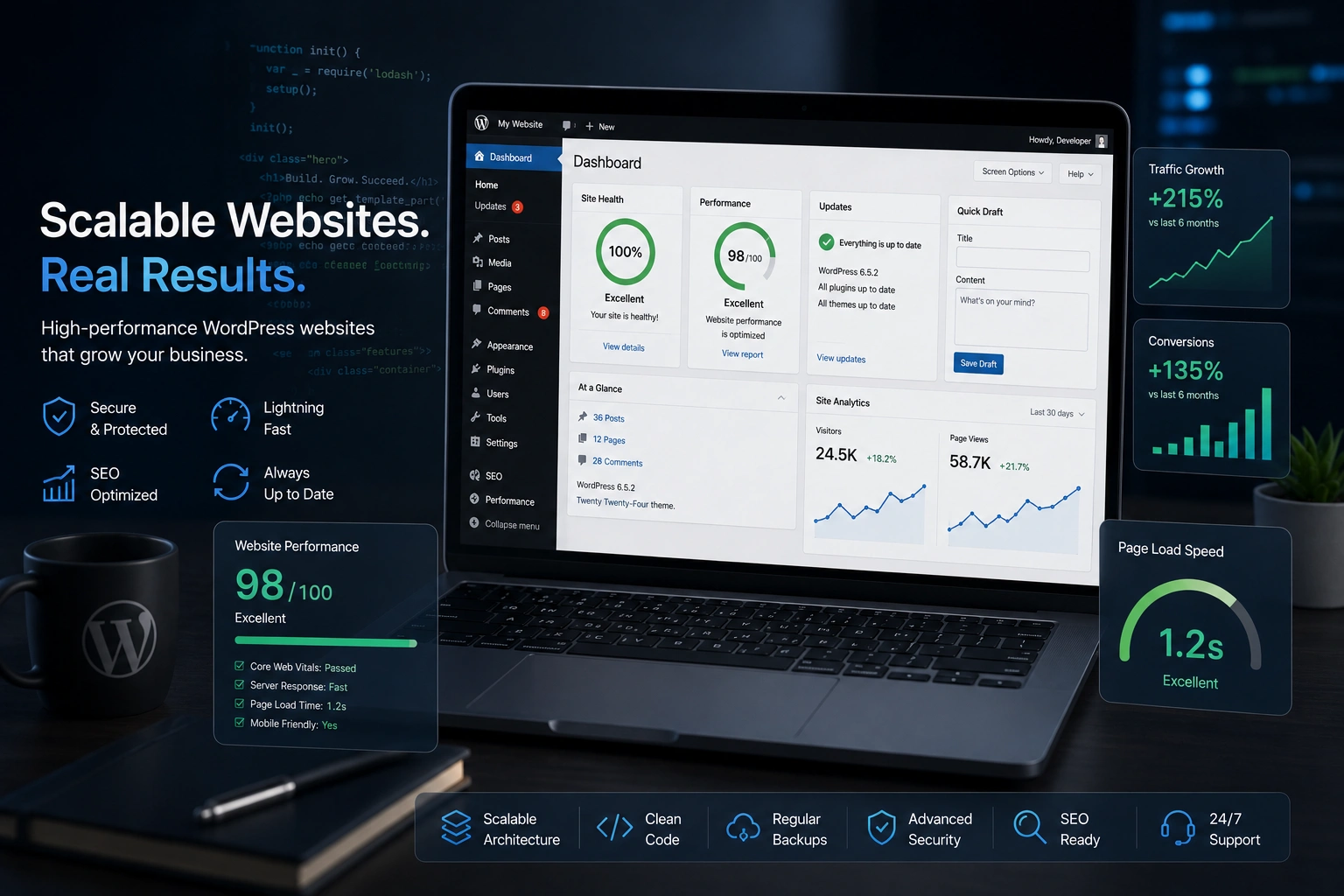 Wordpress website building a scalable website on laptop dashboard