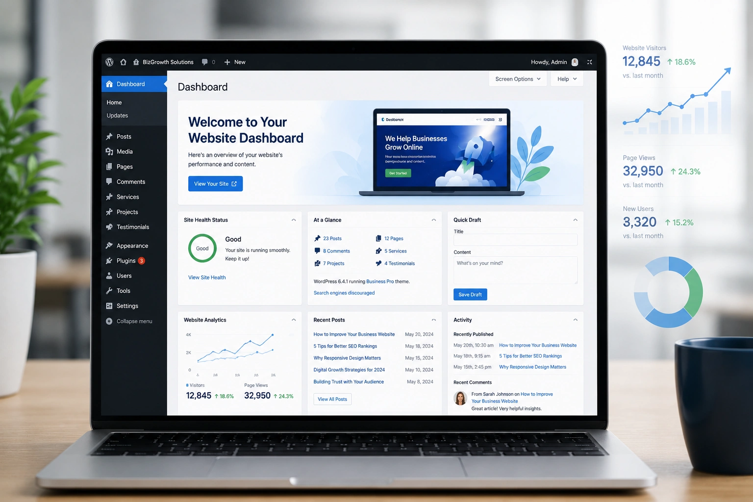 Professional WordPress website dashboard for business on laptop screen