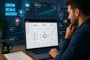 Shopify Expert analyzing marketing performance on a laptop