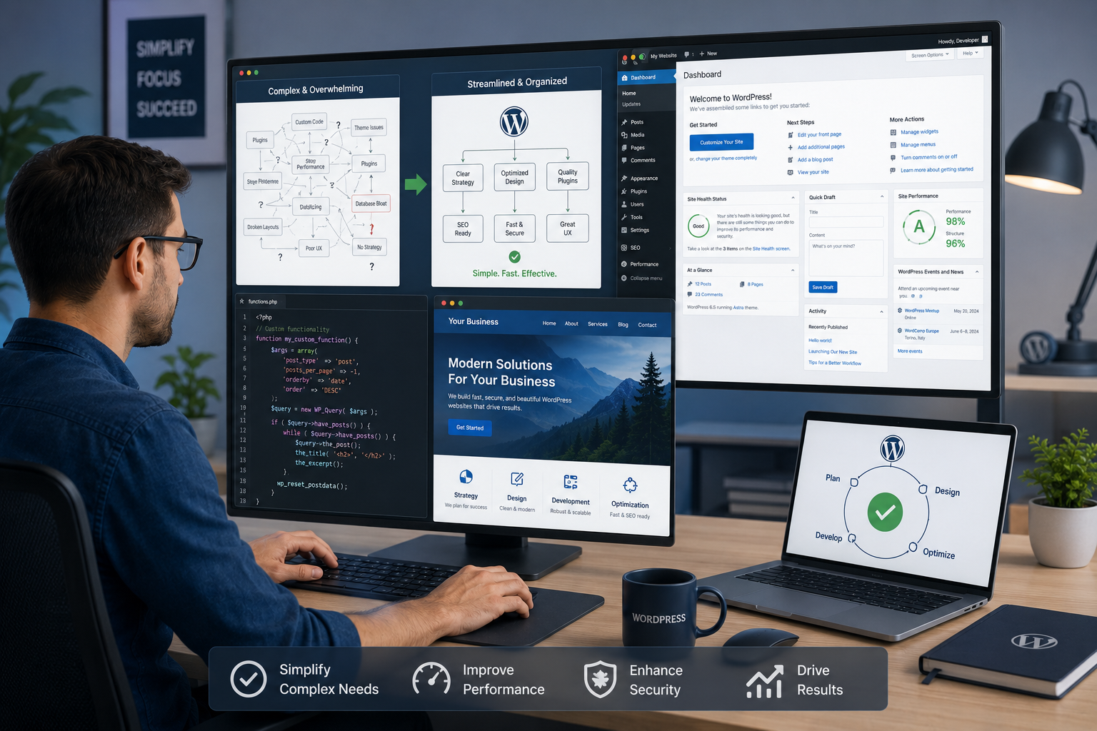 WordPress developer simplifying complex website needs on a modern workspace setup