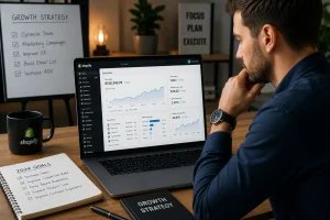 Shopify Expert reviewing business goals on laptop dashboard