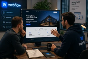 Webflow expert discussing custom website design with client
