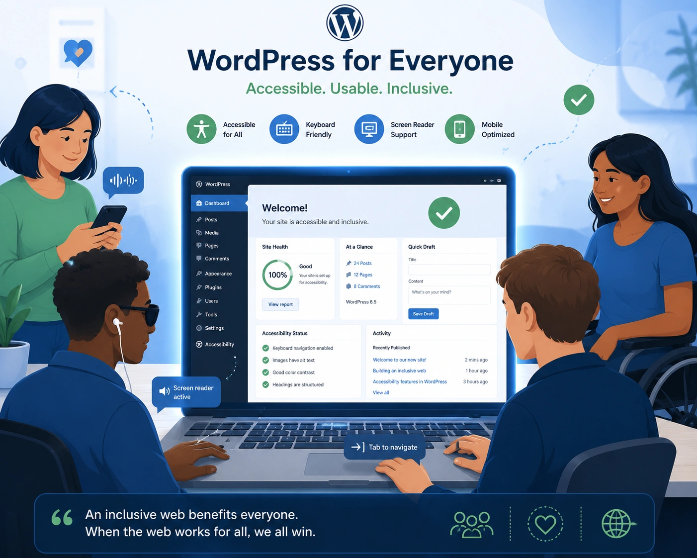 WordPress website accessibility illustration showing inclusive user experience for all visitors