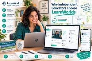 "Independent educator using LearnWorlds to create course online on laptop